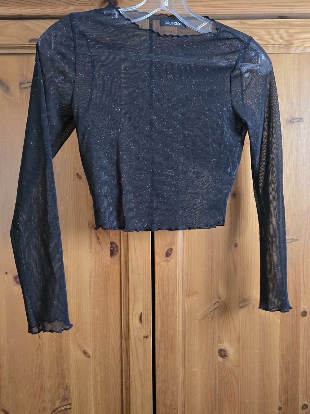 Papermoon Black Sparkle Sheer Long Sleeve Crop Top